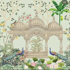 Anu Novelties Peacock design with Banana Tree mandapam 8*8 Curtain Fabric