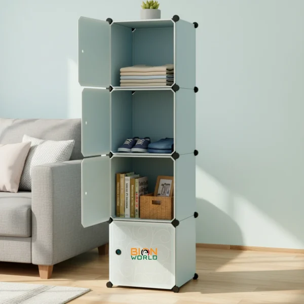 BIONworld 4-Door 4-Shelf Plastic Collapsible Cupboard Wardrobe for Kids Clothes & Toys PP Collapsible Wardrobe