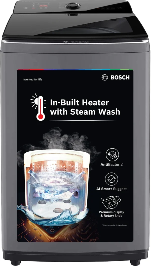 BOSCH 8 kg Fully Automatic Top Load Washing Machine with In-built Heater Black, Grey