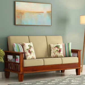 BRIGHTWOOD Pure Sheesham Solid Wood 3 Seater Sofa For Living Room, Hotel Fabric 3 Seater Sofa