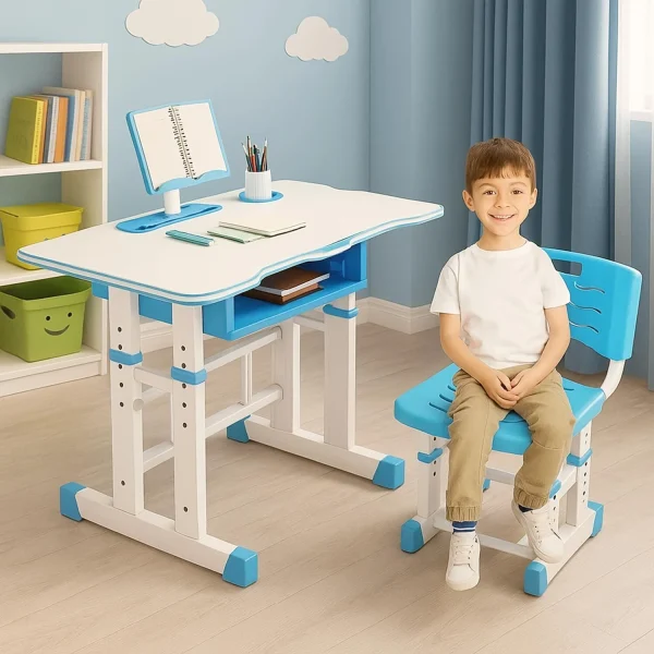 CAREOPETA Kids table chair set Desktop Study table with book storage for toddlers(Blue) Solid Wood Desk Chair