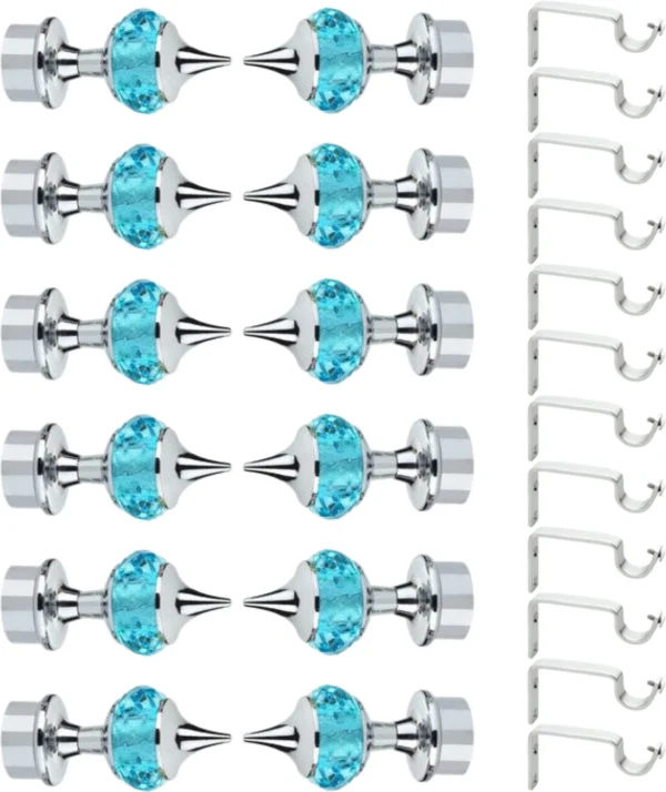 GLOXY Light Blue, Silver Rod Rail Bracket, Curtain Knobs, Curtain Hooks, Curtain Rods Metal