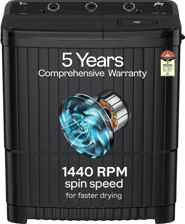 Godrej 7 kg Tri- Roto Pulsator, Spin Shower, Drying at 1400 RPM Speed, Semi Automatic Top Load Washing Machine Grey