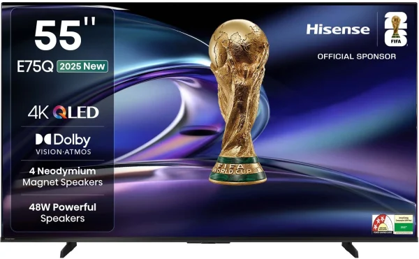 Hisense 55E75Q 139 cm (55 inch) QLED Ultra HD (4K) Smart VIDAA TV with 4 Speakers 48W Powerful Speakers| Dolby Vision Atmos| Cricket Mode