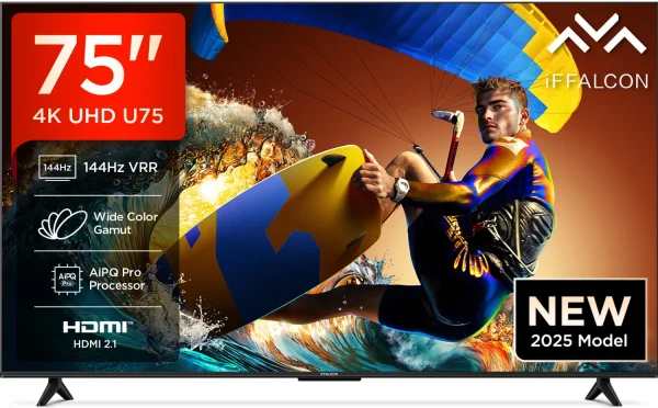 iFFALCON U75 189 cm (75 inch) Ultra HD (4K) LED Smart Google TV with 144 Hz VRR | Wide Color Gamut | AiPQ Pro Processor | 30 W Dolby Vision- Atmos...