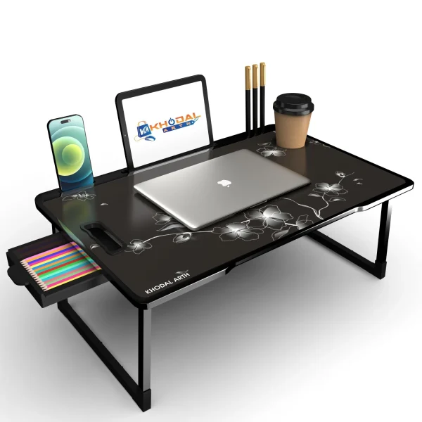KHODAL ARTH US BIDING Black Flower COATED Laptop Study Table Wood Portable Laptop Table