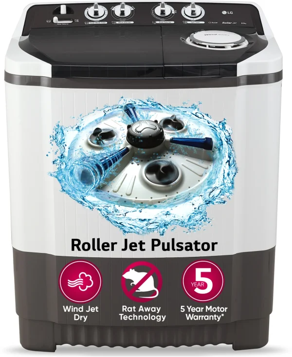 LG 8 kg 5 Star with Roller Jet Pulsator with Soak, Wind Jet Dry and Rat Away, 6 Kg (Spin Tub Capacity), Semi Automatic Top Load Washing Machine...
