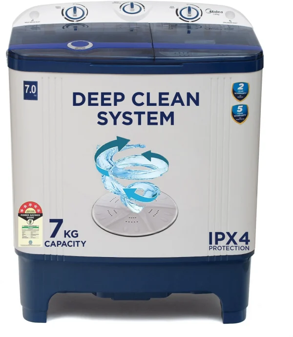 Midea 7 kg 5 Star Rat Away Feature Semi Automatic Top Load Washing Machine Blue, White