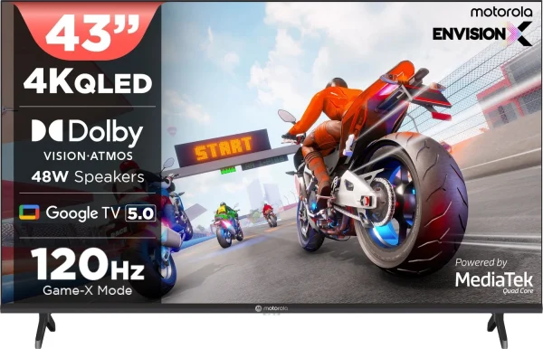 MOTOROLA 109 cm (43 inch) QLED Ultra HD (4K) Smart Google TV with 5.0 with 48 W speaker, 120Hz Game accelerator, and Dolby Atmos