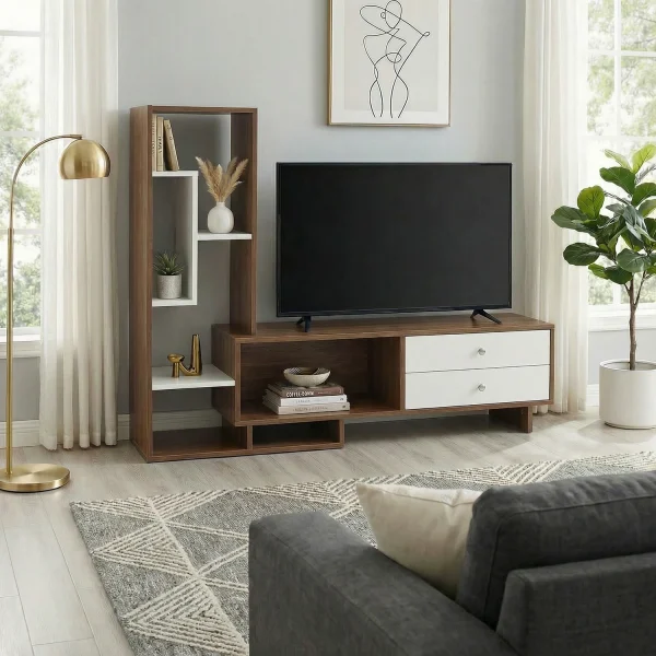raywud Urban Nest Walnut & White Engineered Wood TV Entertainment Unit
