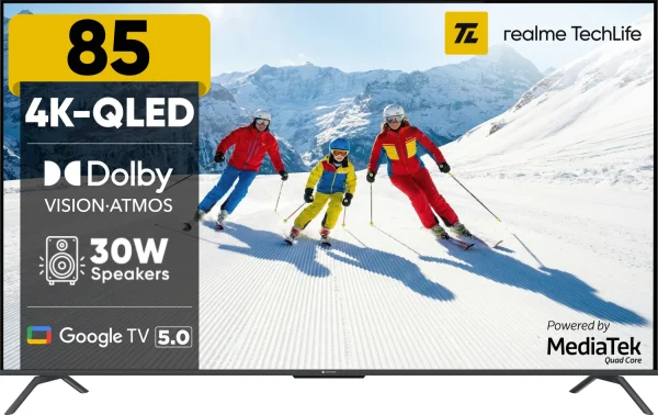 realme TechLife 215 cm (85 inch) QLED Ultra HD (4K) Smart Google TV 2026 Edition with 5.0 OS, Dolby Audio, and 30 W downfiring speaker