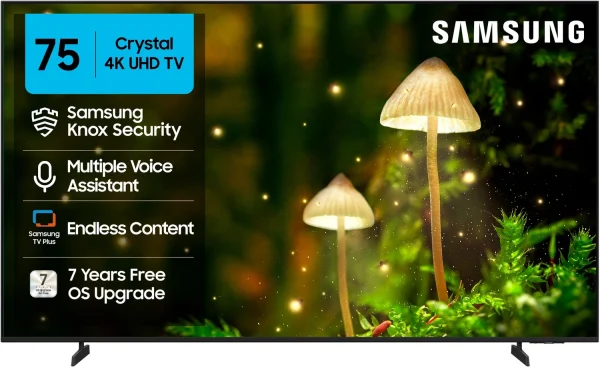 Samsung Crystal 4K 189 cm (75 inch) Ultra HD (4K) LED Smart Tizen TV with 4K Upscaling | HDR 10+ | SolarCell Powered Voice Assistance Remote...