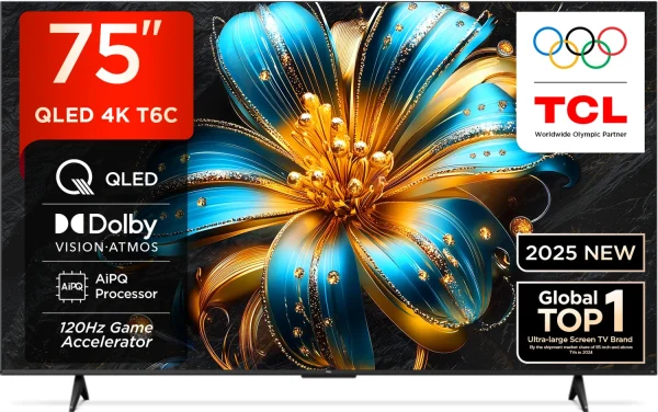TCL T6C 189 cm (75 inch) QLED Ultra HD (4K) Smart Google TV with HDR 10+ | Dolby Vision- Atmos 30W |120 Hz Game Accelerator (DLG) | Metallic...
