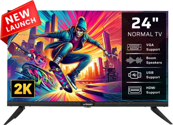 Uniboom 60 cm (24 inch) HD Ready LED TV with Firing Boom Speakers | Frameless | Aura Vision Display | Monitor Support | Dual USB